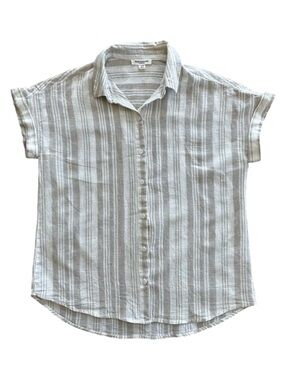 beachlunchlounge Tan Beige White Striped Short Sleeve Linen Cotton Shirt Beach